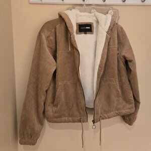 NWOT Beige Womens Corduroy Jacket Coat Hoody By Fashion Nova Size Small Full Zip